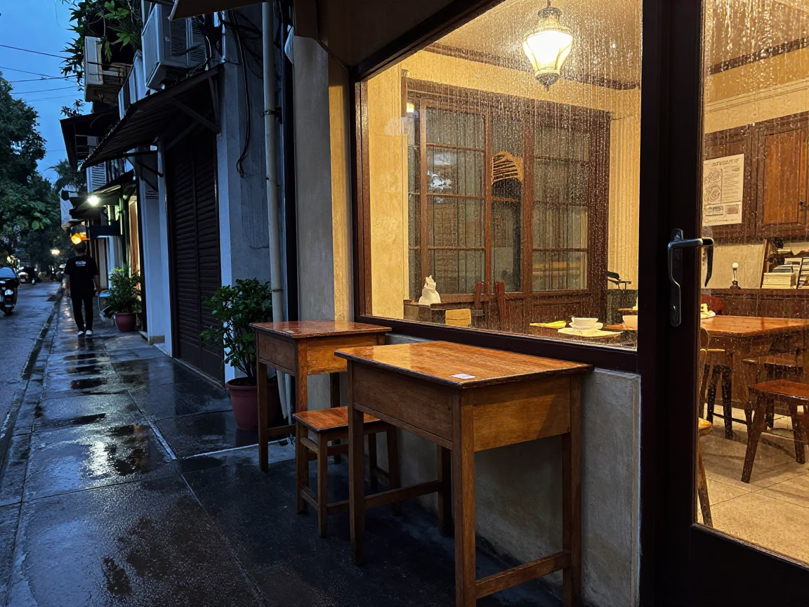 Hanoi Vietnam Early Evening Street Scene with Wooden Desk and Rain Streaked Window in in Hanoi, Vietnam