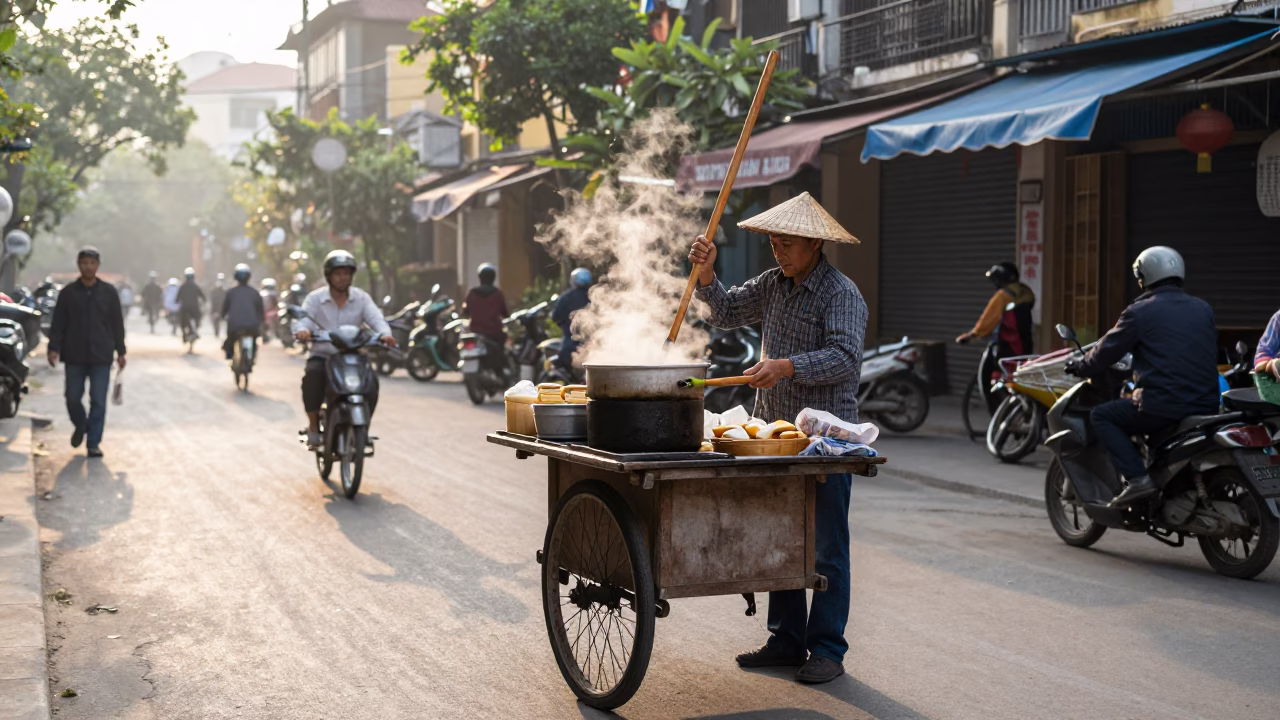Hanoi Vietnam Early Morning Street Life with Vendor and Wooden Spoon in in Hanoi, Vietnam