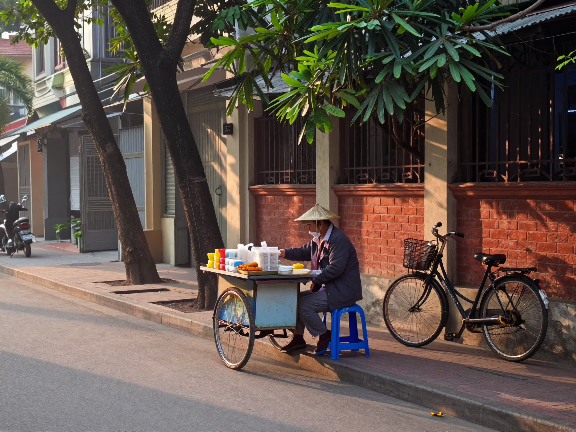 Hanoi Vietnam Early Morning Street Scene with Local Breakfast and Bicycle in in Hanoi, Vietnam