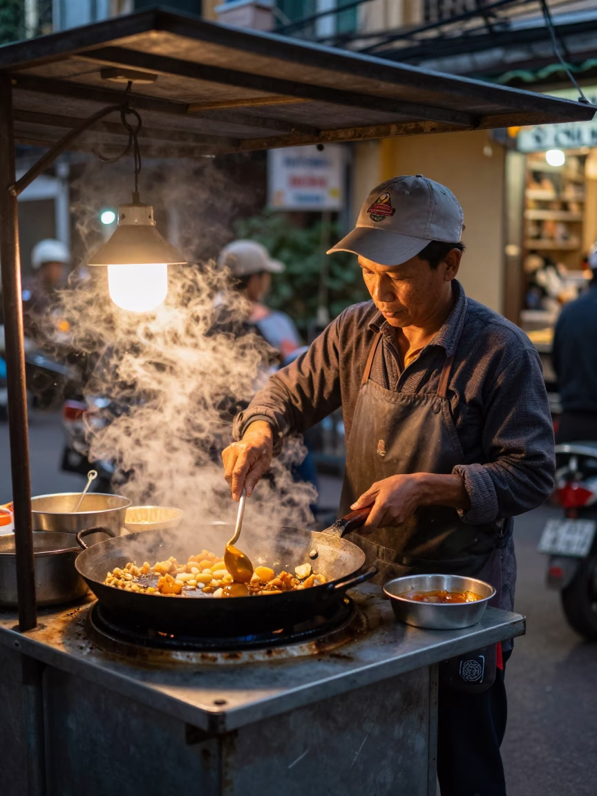 Hanoi Vietnam Evening Street Food Vendor Cooking Skillet in Honeyed Light in in Hanoi, Vietnam