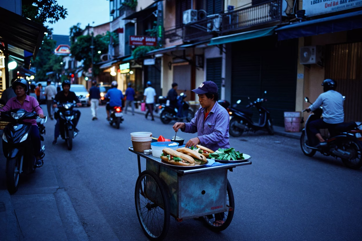 Hanoi Vietnam Evening Street Scene with Banh Mi Vendor and Substation Glow in in Hanoi, Vietnam