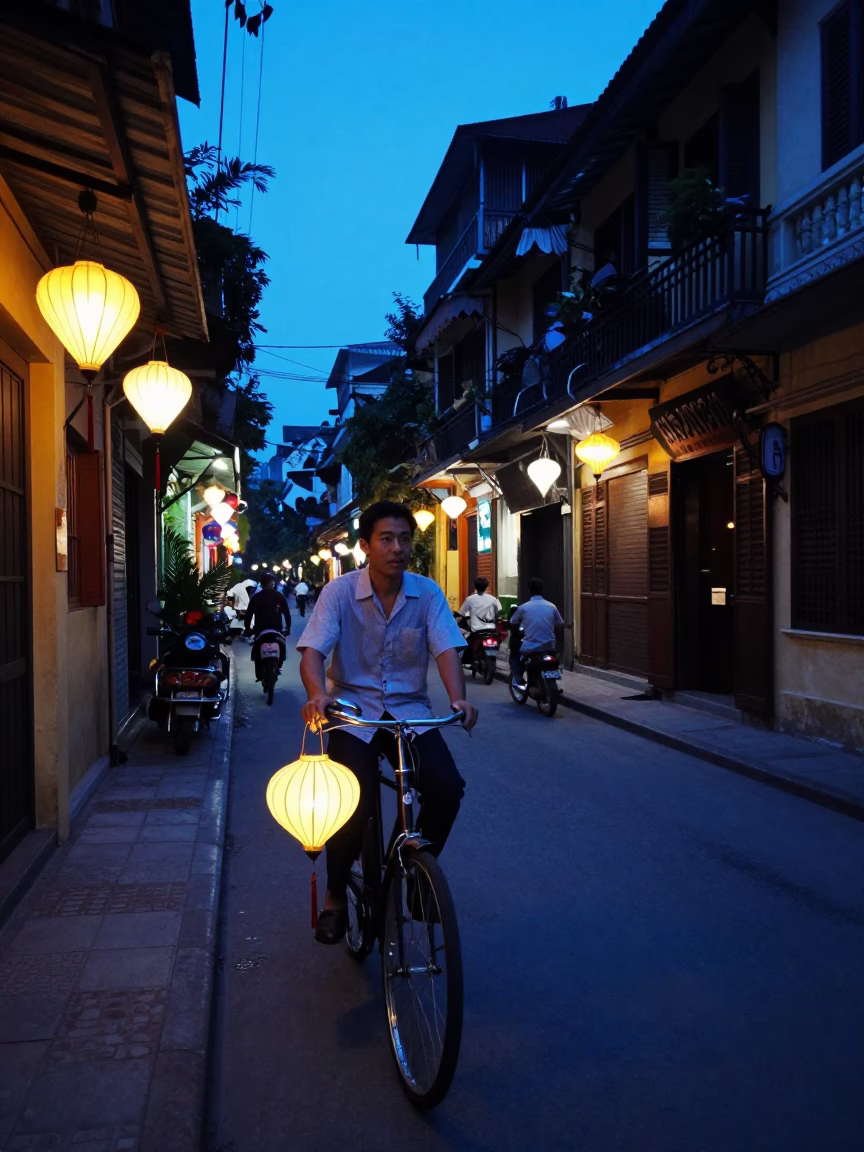 Hanoi Vietnam Evening Street Scene with Bicycle Lanterns and Old Building Facades in in Hanoi, Vietnam