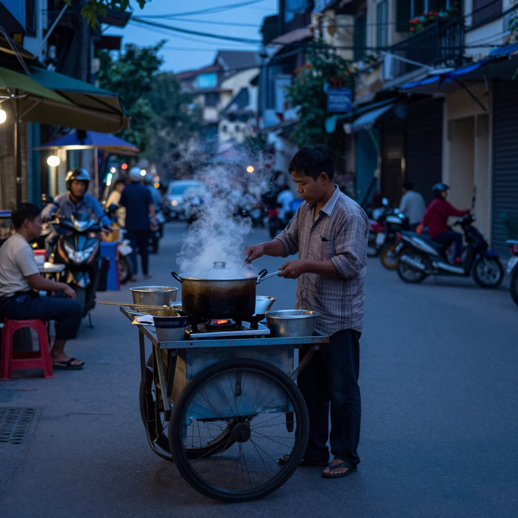 Hanoi Vietnam Evening Street Scene with Cooking Pot and Local Interaction in in Hanoi, Vietnam