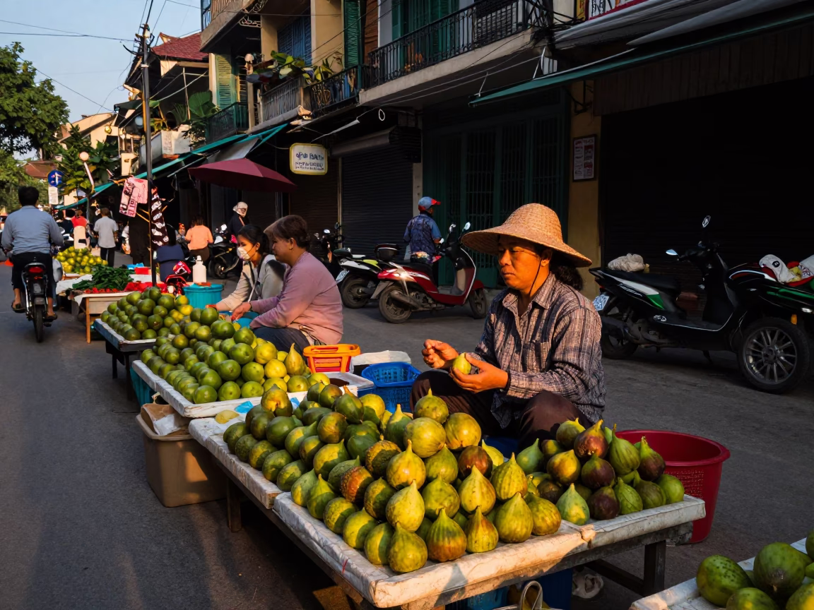 Hanoi Vietnam Evening Street Scene with Figs and Local Market Atmosphere in in Hanoi, Vietnam