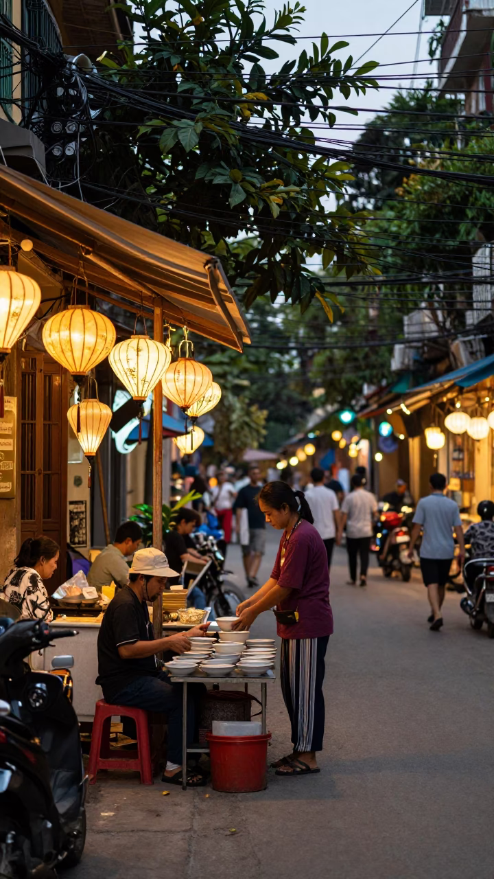 Hanoi Vietnam Evening Street Scene with Lanterns and Local Street Food Vendor in in Hanoi, Vietnam
