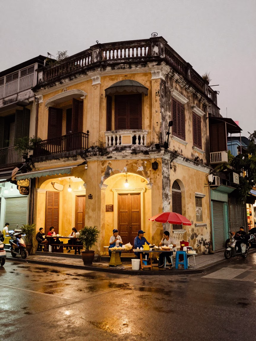 Hanoi Vietnam Evening Street Scene with Local Food and Traditional Architecture in in Hanoi, Vietnam
