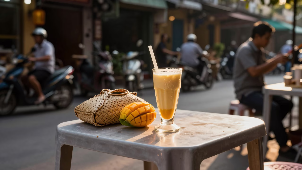 Hanoi Vietnam Evening Street Scene with Mango Lassi and Sunlight on Tiles in in Hanoi, Vietnam