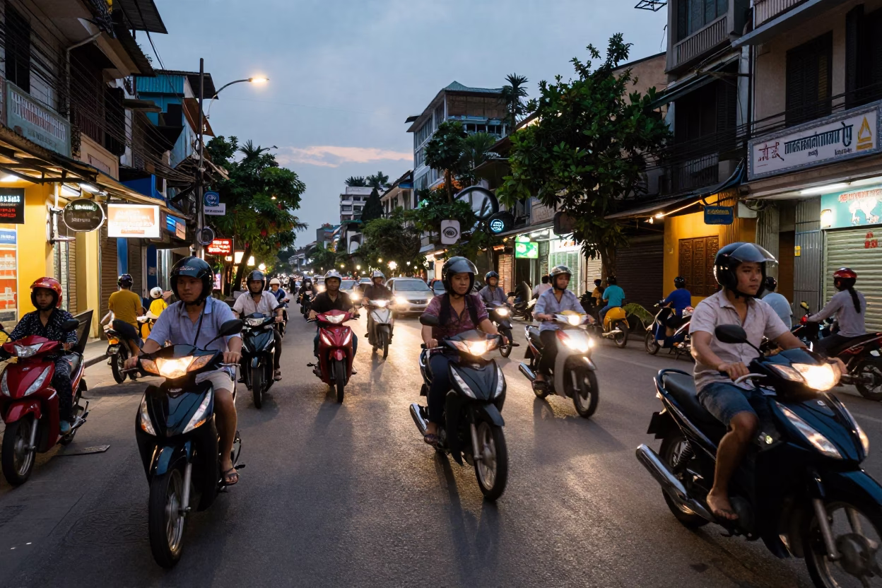 Hanoi Vietnam Evening Street Scene with Motorbikes and City Lights in in Hanoi, Vietnam