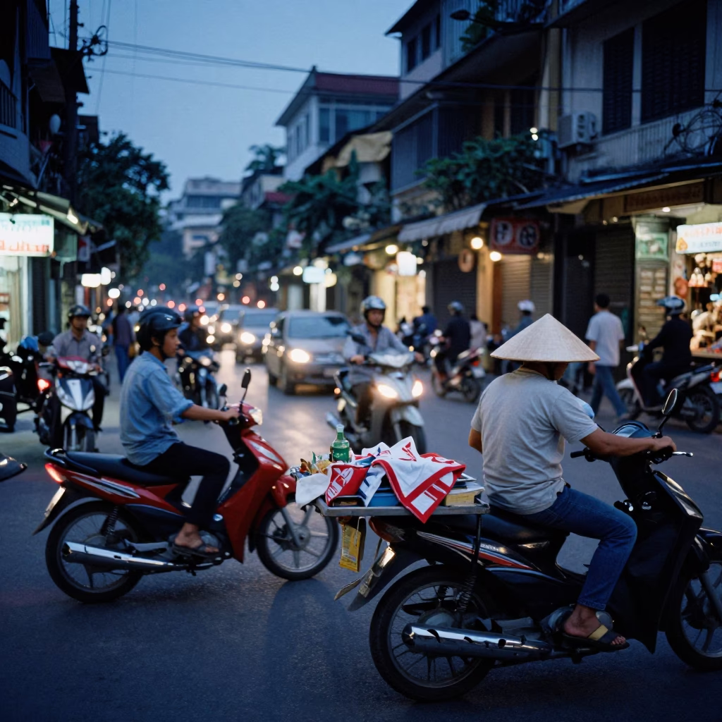 Hanoi Vietnam Evening Street Scene with Motorbikes and Handkerchief in in Hanoi, Vietnam