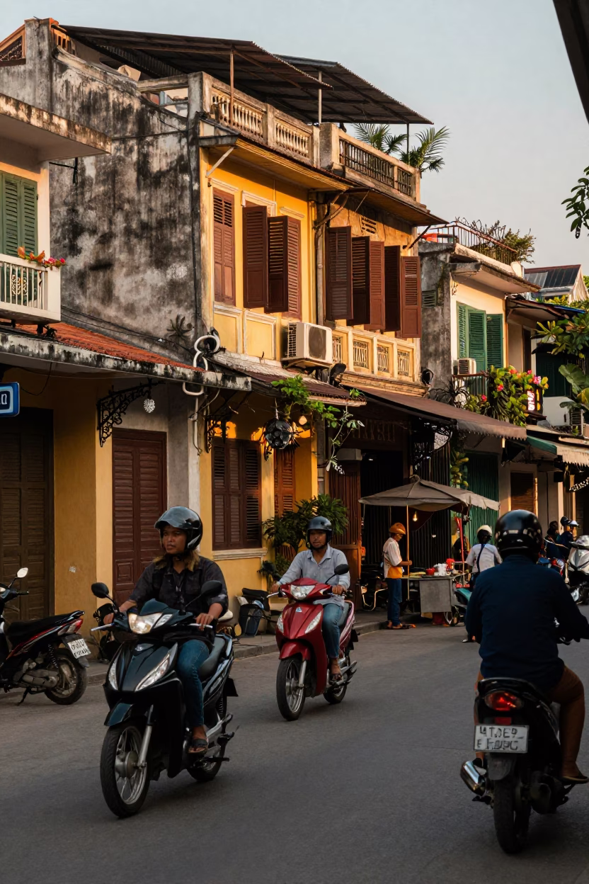 Hanoi Vietnam Evening Street Scene with Motorbikes and Heritage Architecture in in Hanoi, Vietnam