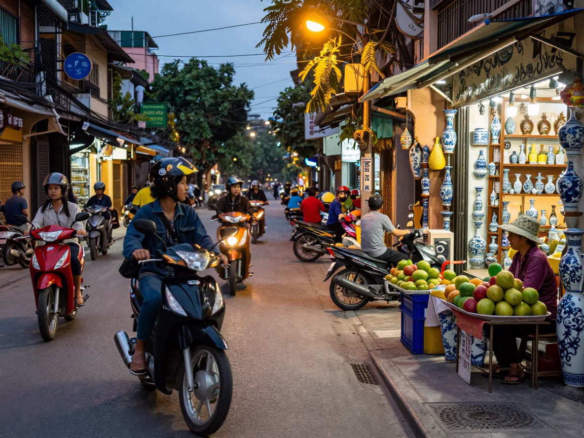 Hanoi Vietnam Evening Street Scene with Motorbikes and Porcelain Shop Display in in Hanoi, Vietnam