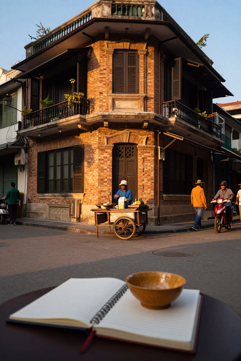 Hanoi Vietnam Evening Street Scene with Notebook and Bowl on Wooden Table in in Hanoi, Vietnam