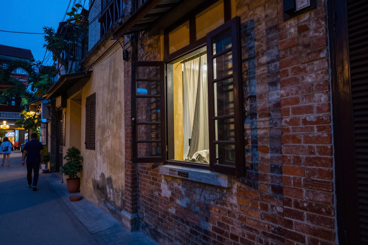Hanoi Vietnam Evening Street Scene with Old Window and Traditional Pot in in Hanoi, Vietnam