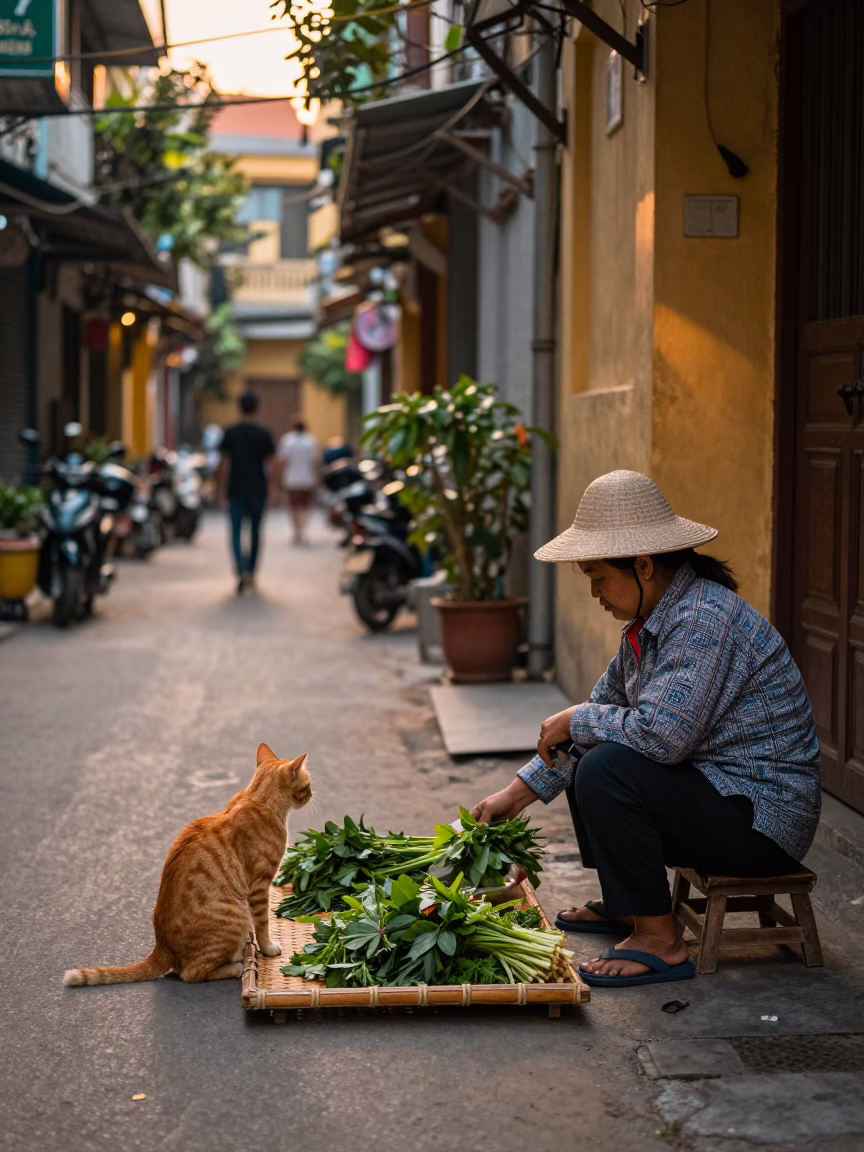 Hanoi Vietnam Evening Street Scene with Orange Cat and Local Life in in Hanoi, Vietnam