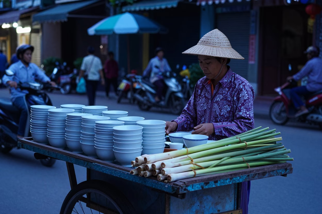Hanoi Vietnam Evening Street Scene with Porcelain and Lemongrass in in Hanoi, Vietnam