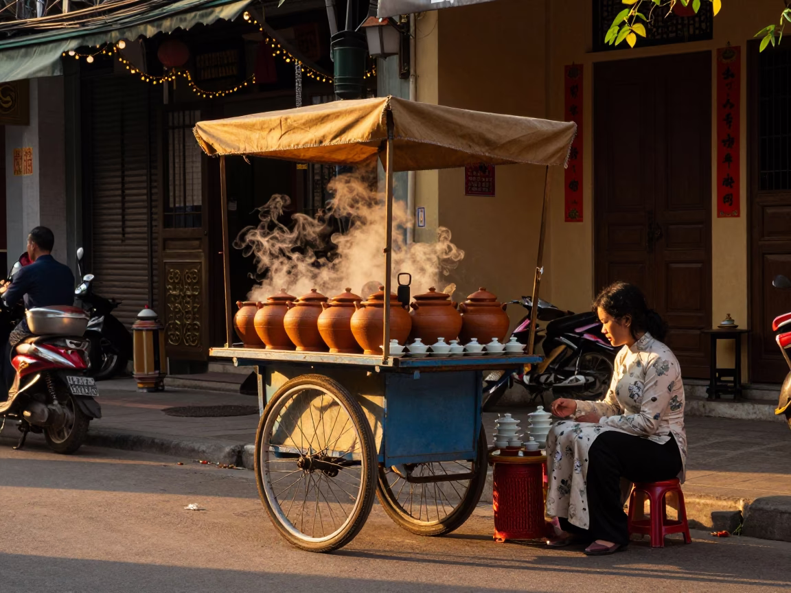 Hanoi Vietnam Evening Street Scene with Traditional Tea Service and Local Life in in Hanoi, Vietnam