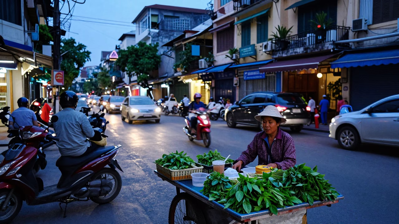 Hanoi Vietnam Evening Street Scene with Traffic and Local Life in in Hanoi, Vietnam