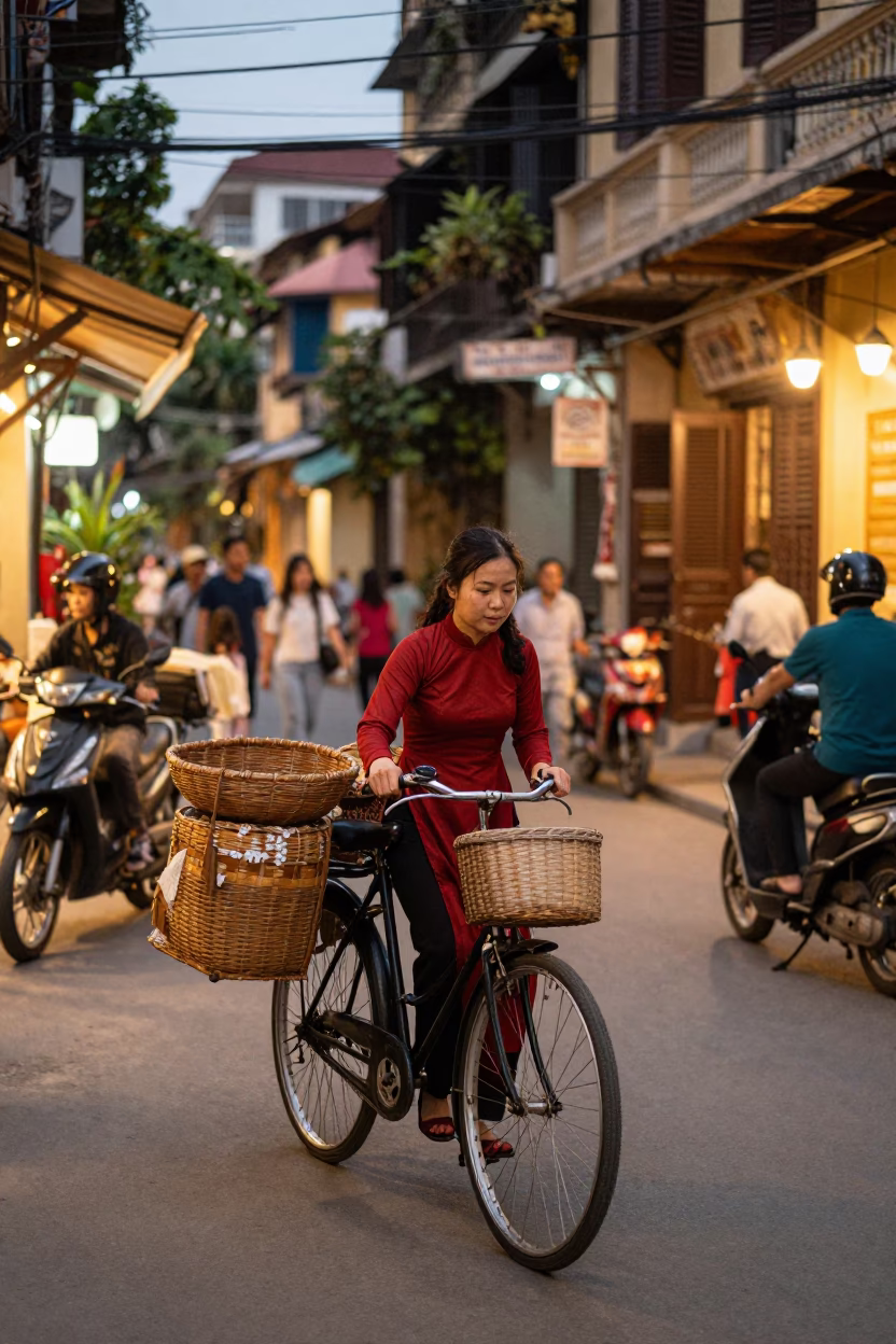 Hanoi Vietnam Evening Street Scene with Vintage Bicycle and Local Market Activity in in Hanoi, Vietnam