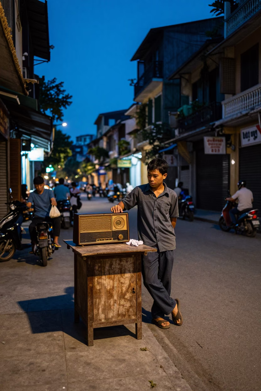 Hanoi Vietnam Evening Street Scene with Vintage Radio and Local Life in in Hanoi, Vietnam