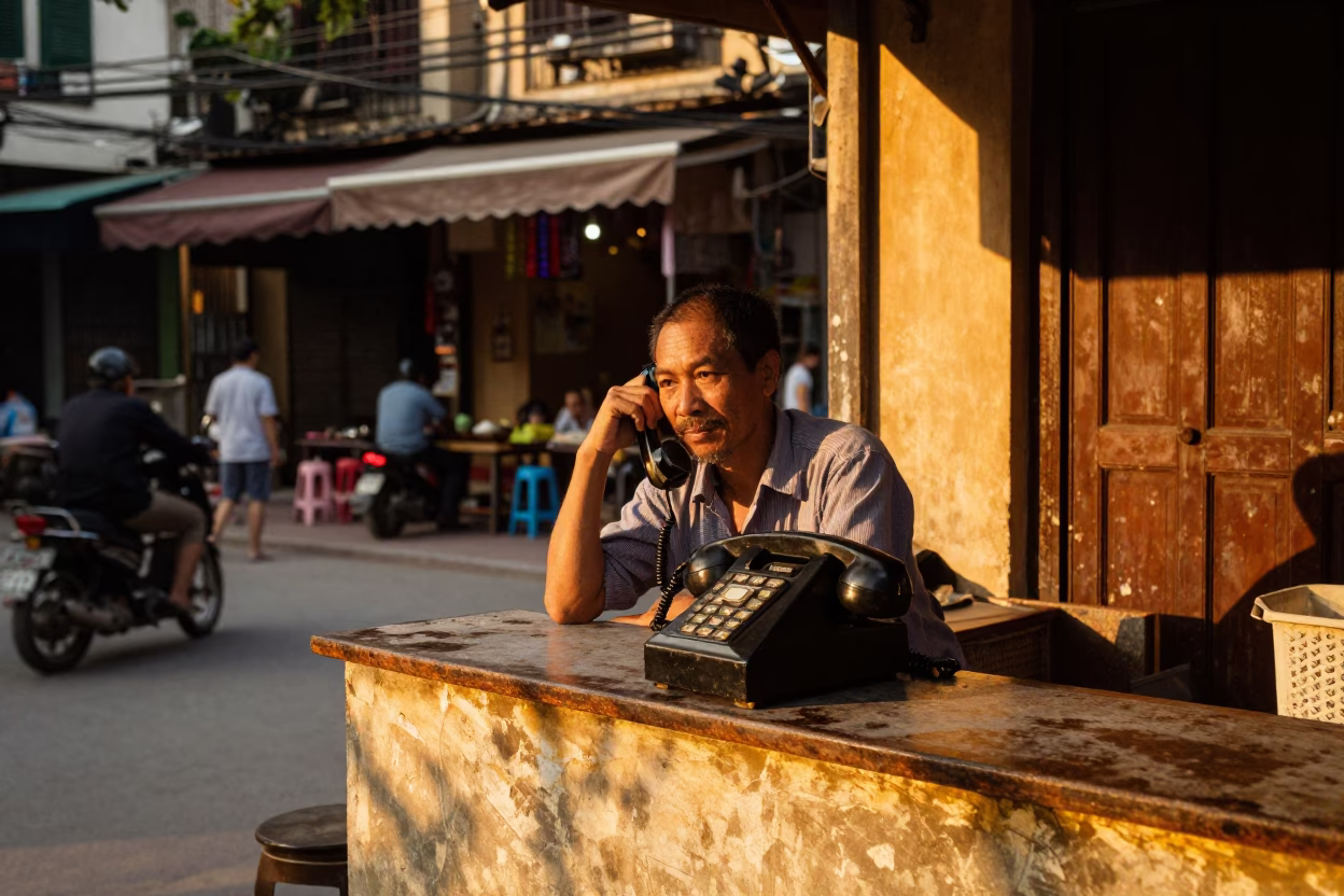 Hanoi Vietnam Evening Street Scene with Vintage Telephone and Local Life in in Hanoi, Vietnam