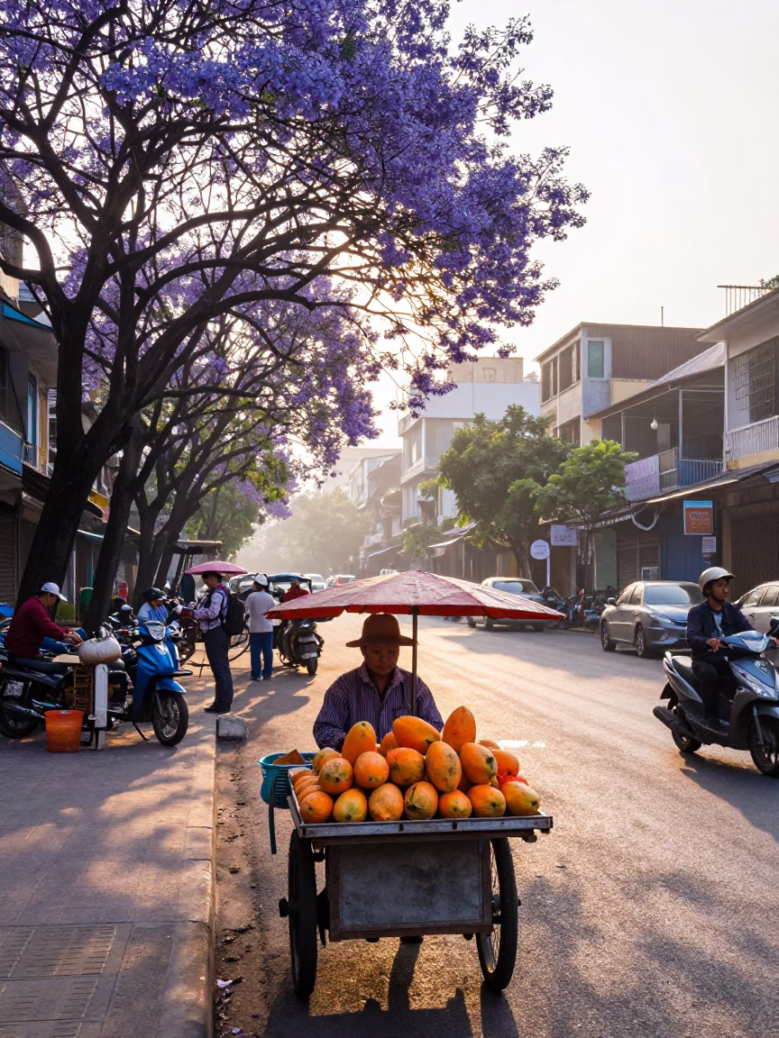Hanoi Vietnam First Light Dawn Papaya Vendor Street Scene in in Hanoi, Vietnam