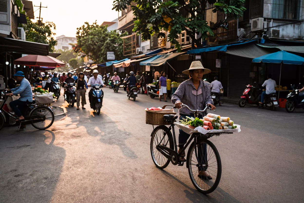 Hanoi Vietnam Golden Hour Street Scene with Bicycle and Local Market Activity in in Hanoi, Vietnam
