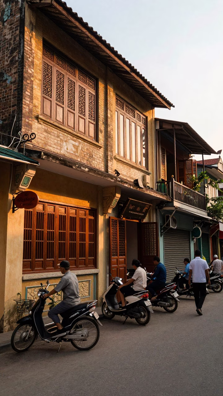 Hanoi Vietnam Golden Hour Street Scene with Old Architecture and Daily Life in in Hanoi, Vietnam