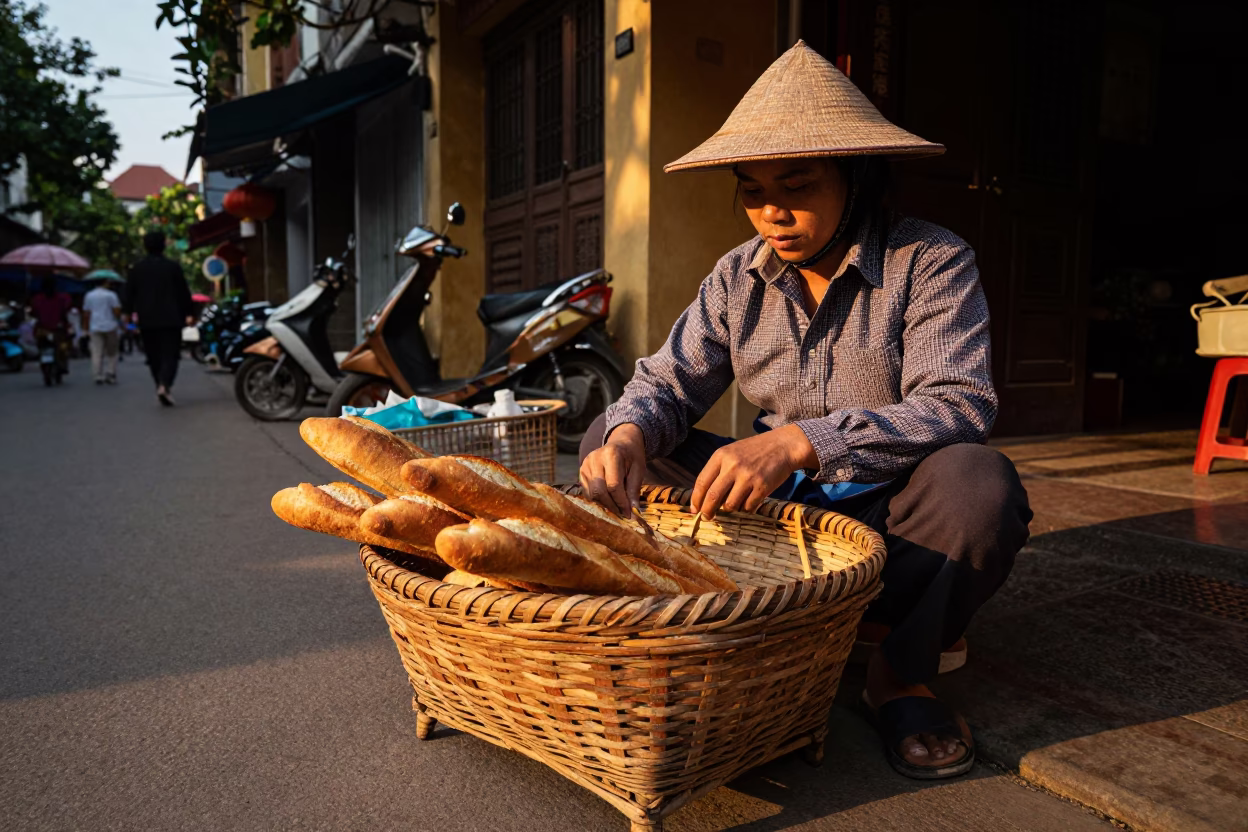Hanoi Vietnam Golden Hour Street Scene with Woven Bread Basket and Old Gate Handle in in Hanoi, Vietnam