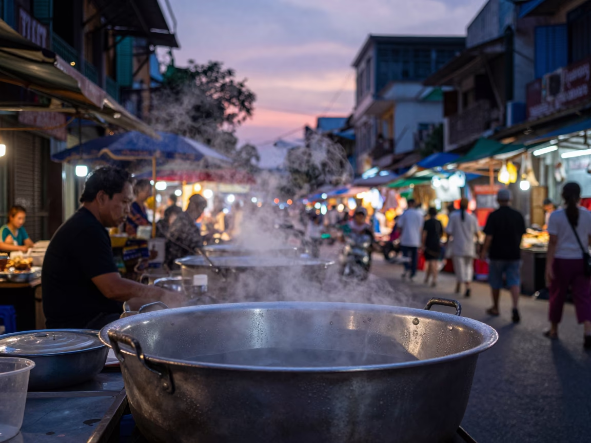 Hanoi Vietnam Indigo Twilight Street Scene with Condensation and Urban Life in in Hanoi, Vietnam