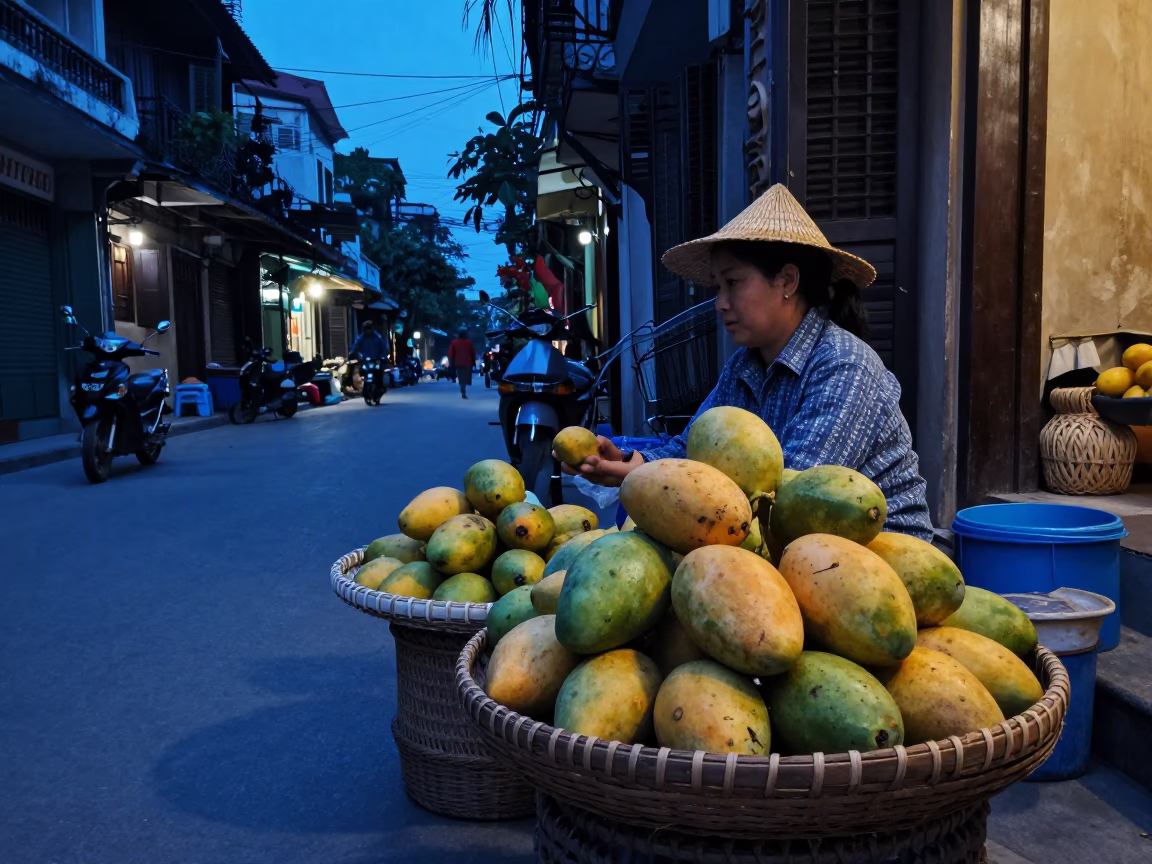 Hanoi Vietnam indigo twilight street scene with mangoes and wicker basket in in Hanoi, Vietnam
