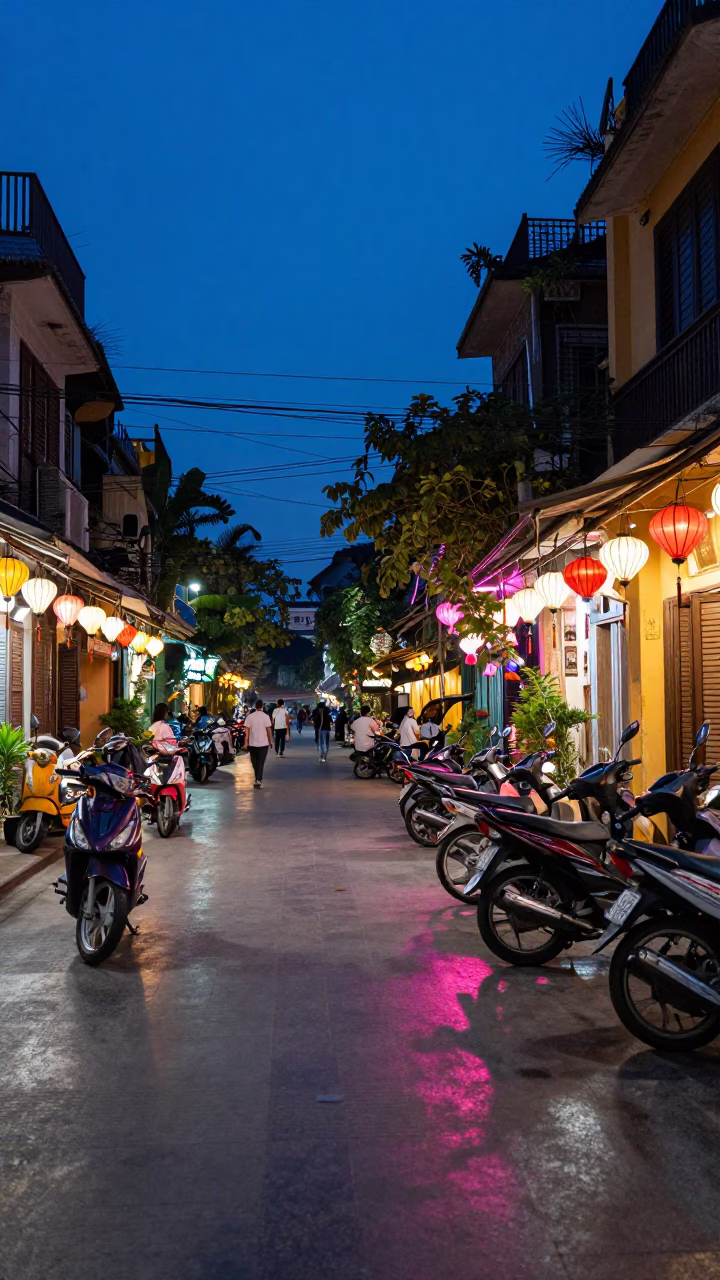 Hanoi Vietnam indigo twilight street scene with motorbikes and lanterns in in Hanoi, Vietnam