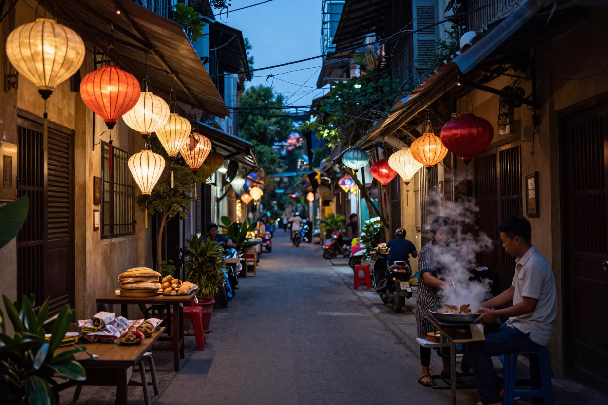 Hanoi Vietnam indigo twilight street scene with paper lanterns and banh cuon vendor in in Hanoi, Vietnam