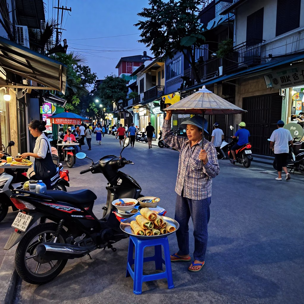 Hanoi Vietnam Indigo Twilight Street Scene with Spring Rolls and Urban Traffic in in Hanoi, Vietnam