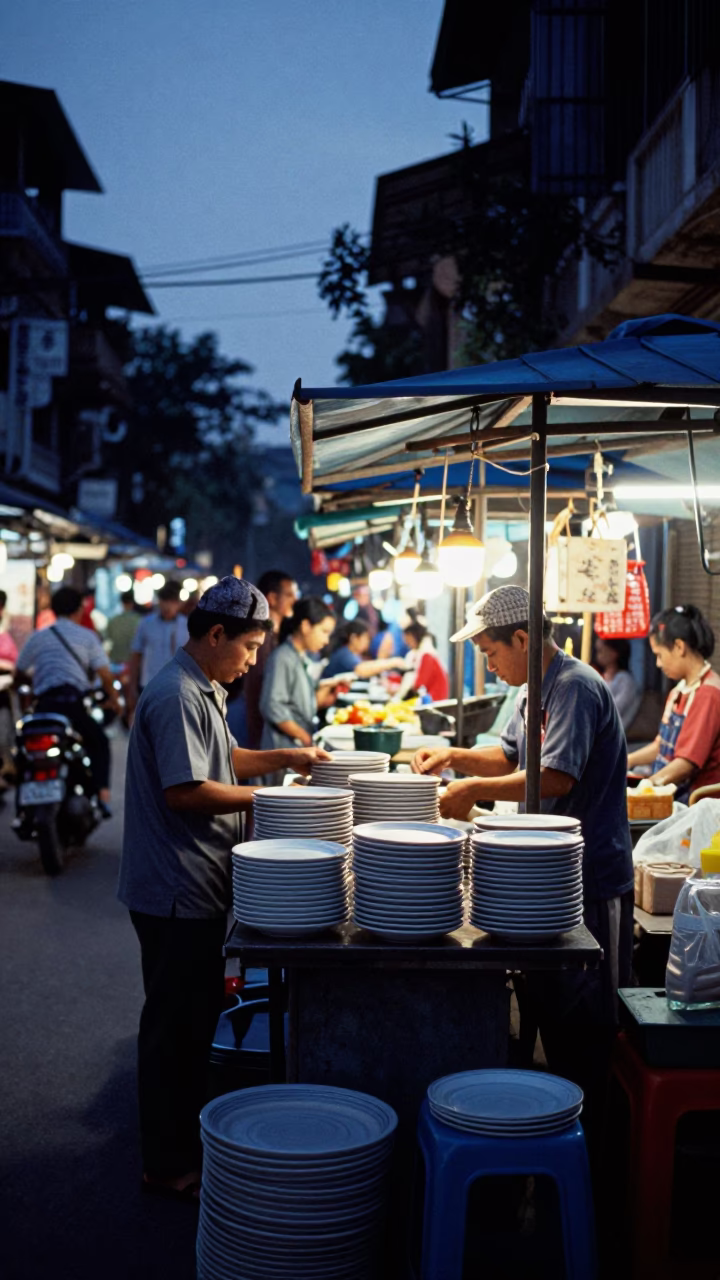 Hanoi Vietnam indigo twilight street scene with stacked plates and turnbuckle in in Hanoi, Vietnam