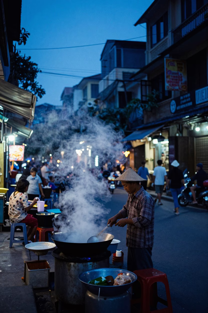 Hanoi Vietnam indigo twilight street scene with steam and local vendors in in Hanoi, Vietnam