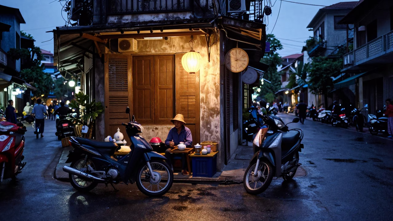 Hanoi Vietnam Indigo Twilight Street Scene with Teapot and Motorbike in in Hanoi, Vietnam