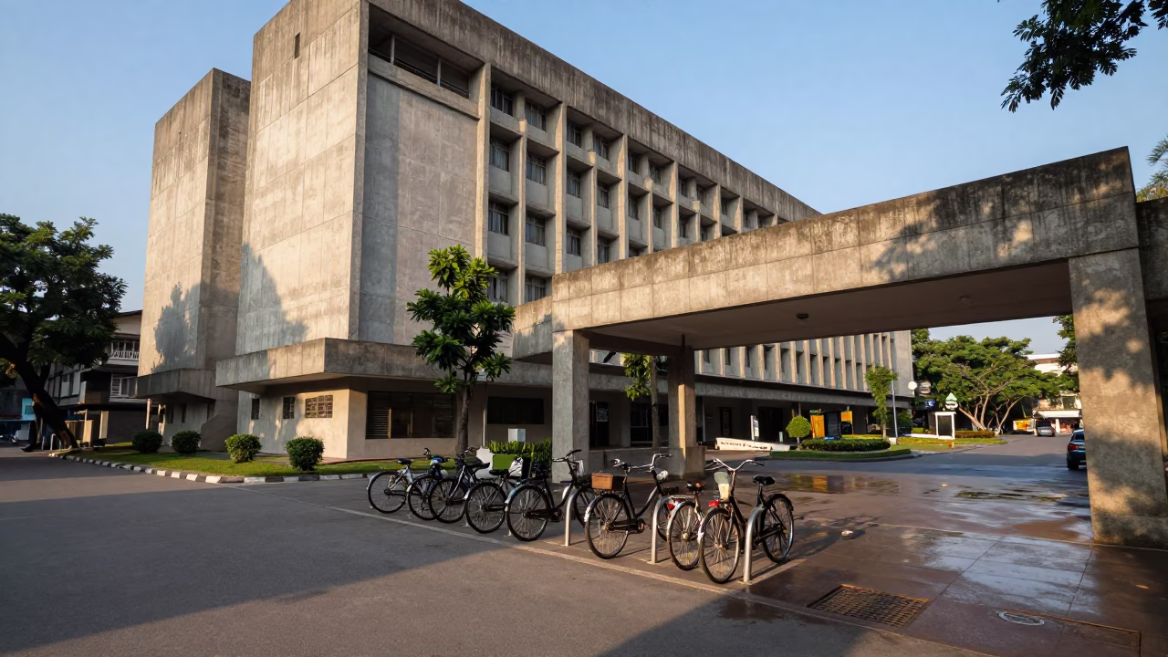 Hanoi Vietnam Late Afternoon Street Scene with Concrete Brutalist Architecture and Wet Bicycle Rack in in Hanoi, Vietnam