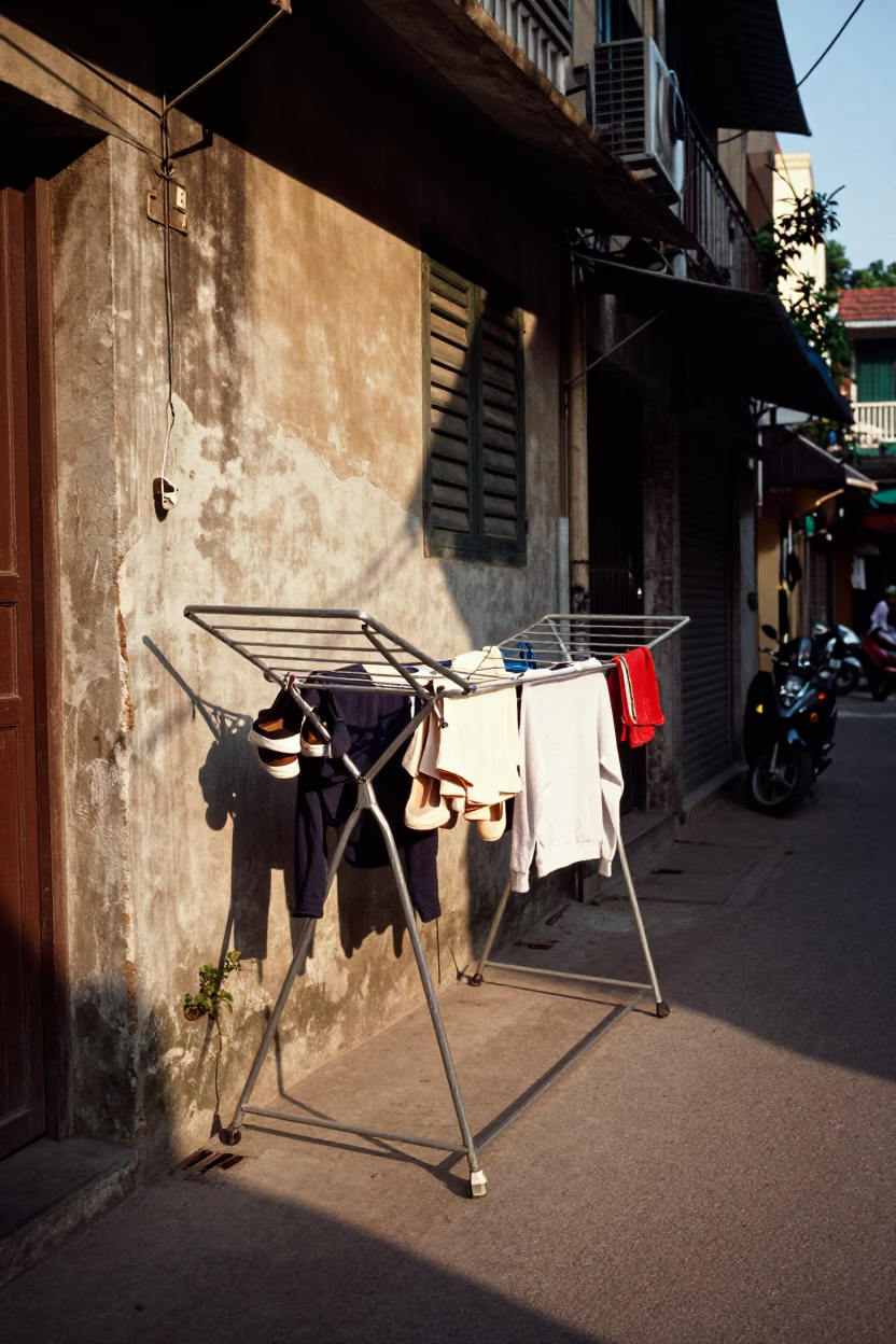 Hanoi Vietnam Late Afternoon Street Scene with Drying Rack and Motorbikes in in Hanoi, Vietnam