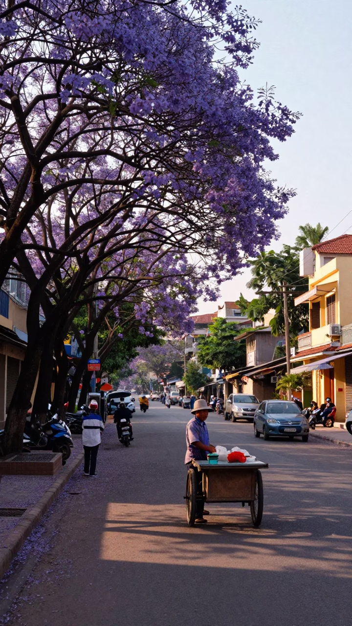 Hanoi Vietnam Late Afternoon Street Scene with Jacaranda Tree and Local Life in in Hanoi, Vietnam