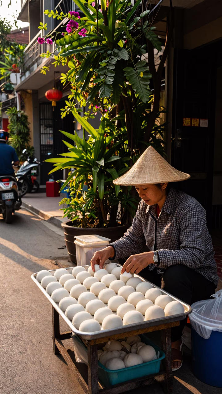 Hanoi Vietnam Late Afternoon Street Scene with Mochi and Garden Gate in in Hanoi, Vietnam