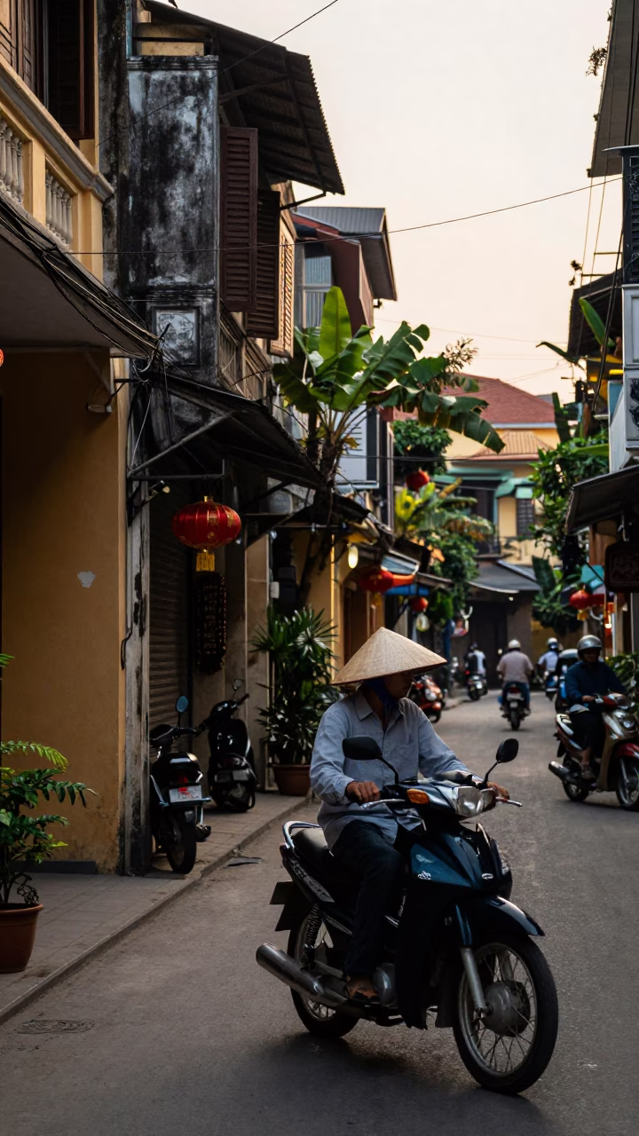 Hanoi Vietnam Late Afternoon Street Scene with Traditional Amulet and Local Life in in Hanoi, Vietnam