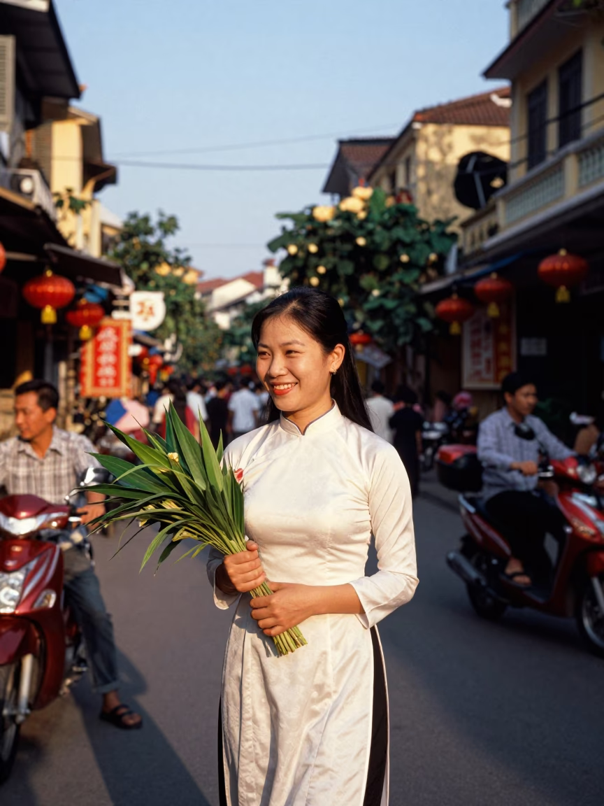 Hanoi Vietnam Late Afternoon Street Scene with Traditional Decor and Daily Life in in Hanoi, Vietnam