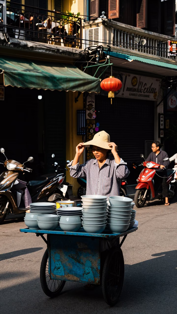 Hanoi Vietnam Late Afternoon Street Scene with Vendor and Sun Hat in in Hanoi, Vietnam