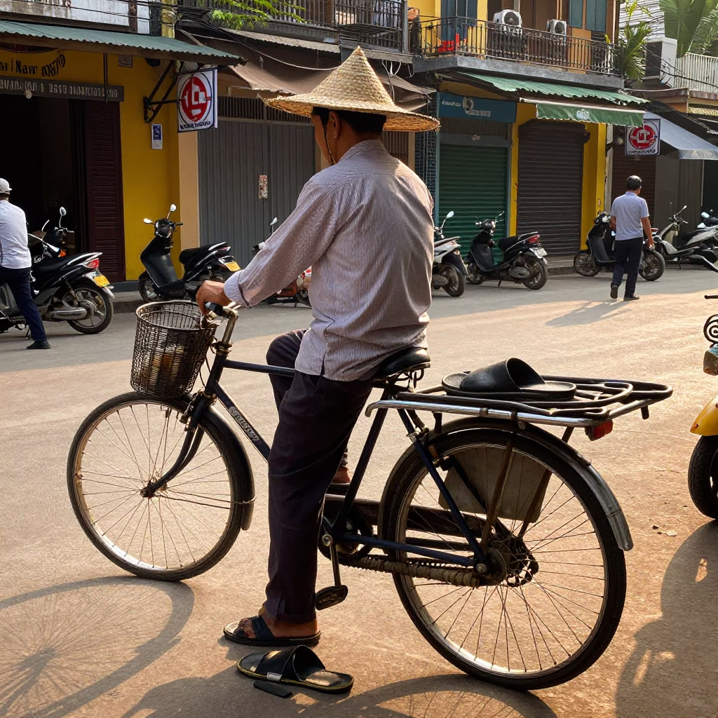 Hanoi Vietnam Late Afternoon Street Scene with Vendor Slippers and Motorbikes in in Hanoi, Vietnam