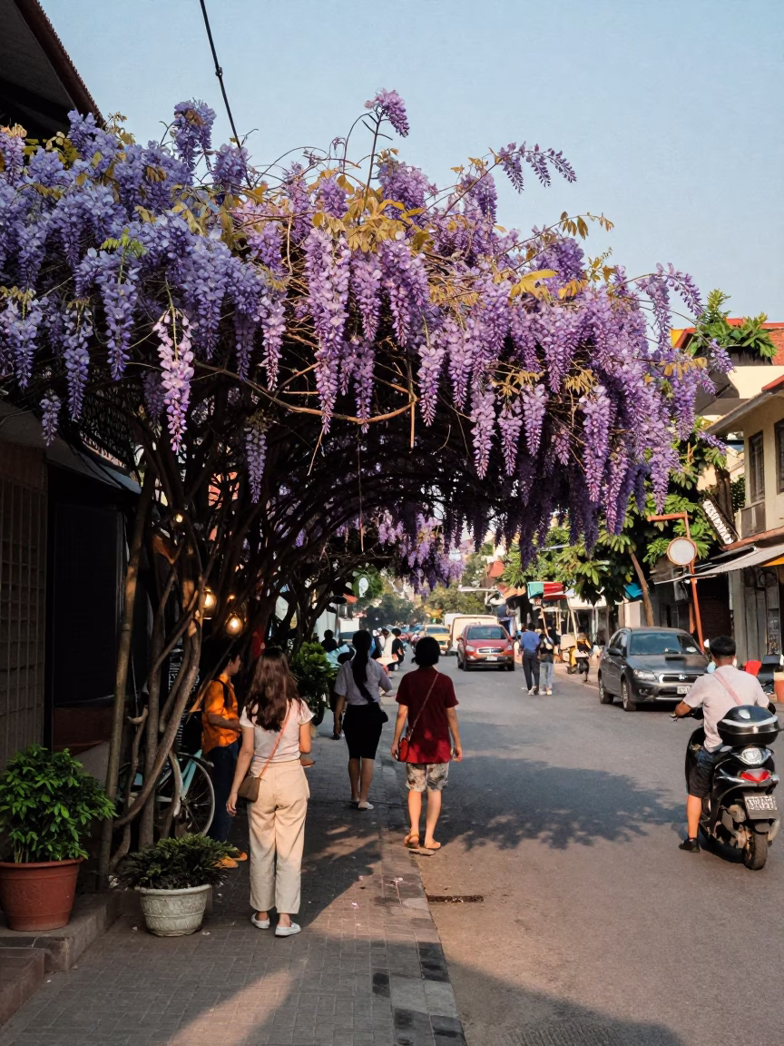 Hanoi Vietnam late afternoon street scene with wisteria tunnel and local commerce in in Hanoi, Vietnam