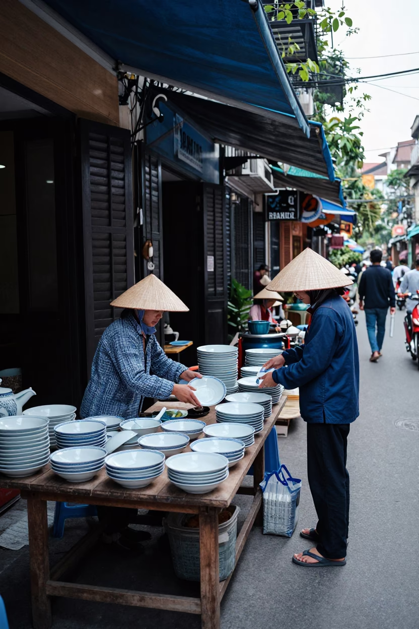 Hanoi Vietnam Late Morning Street Scene with Blue and White Porcelain and Rattan Chair in in Hanoi, Vietnam
