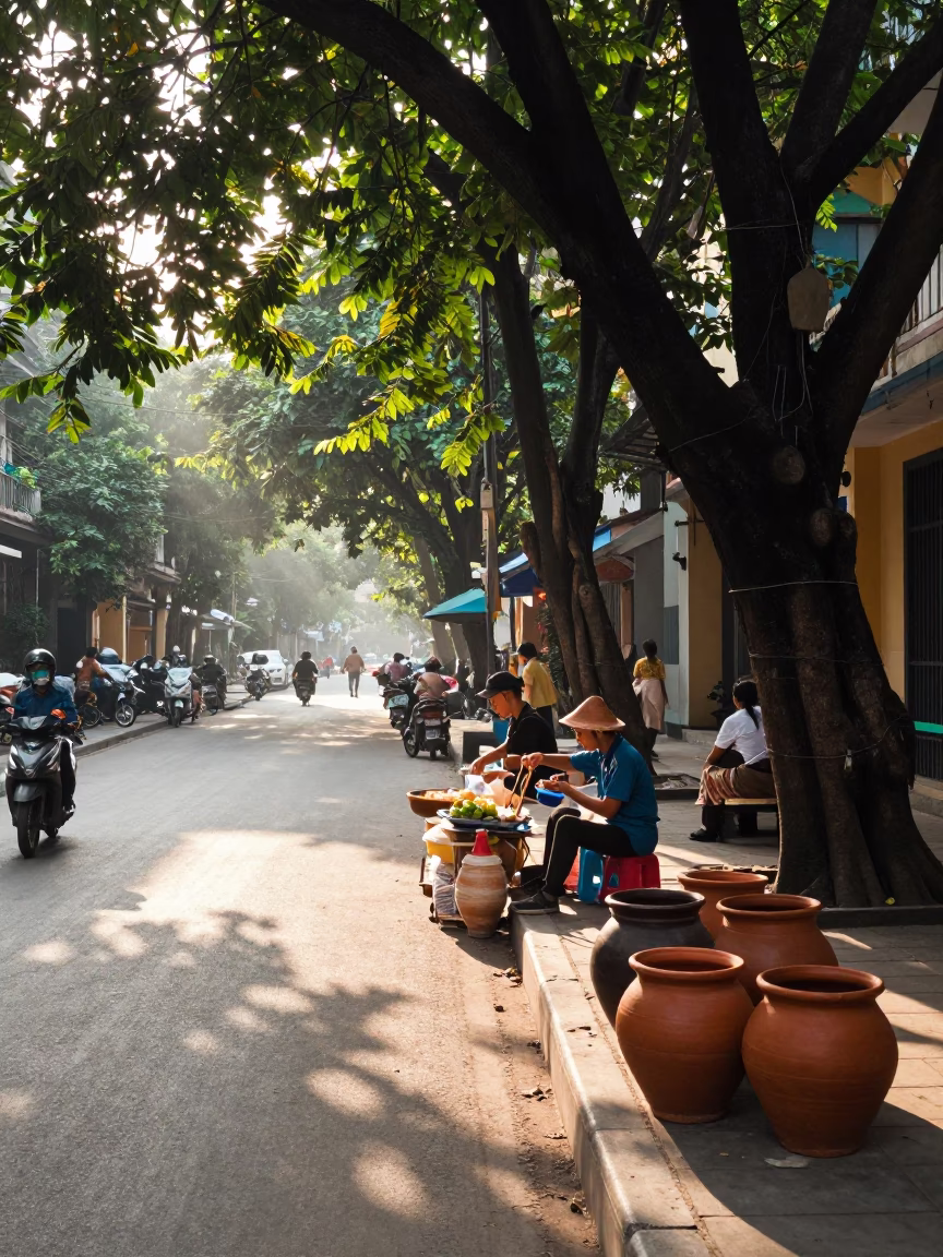 Hanoi Vietnam Late Morning Street Scene with Clay Pots and Pearl Necklaces in in Hanoi, Vietnam