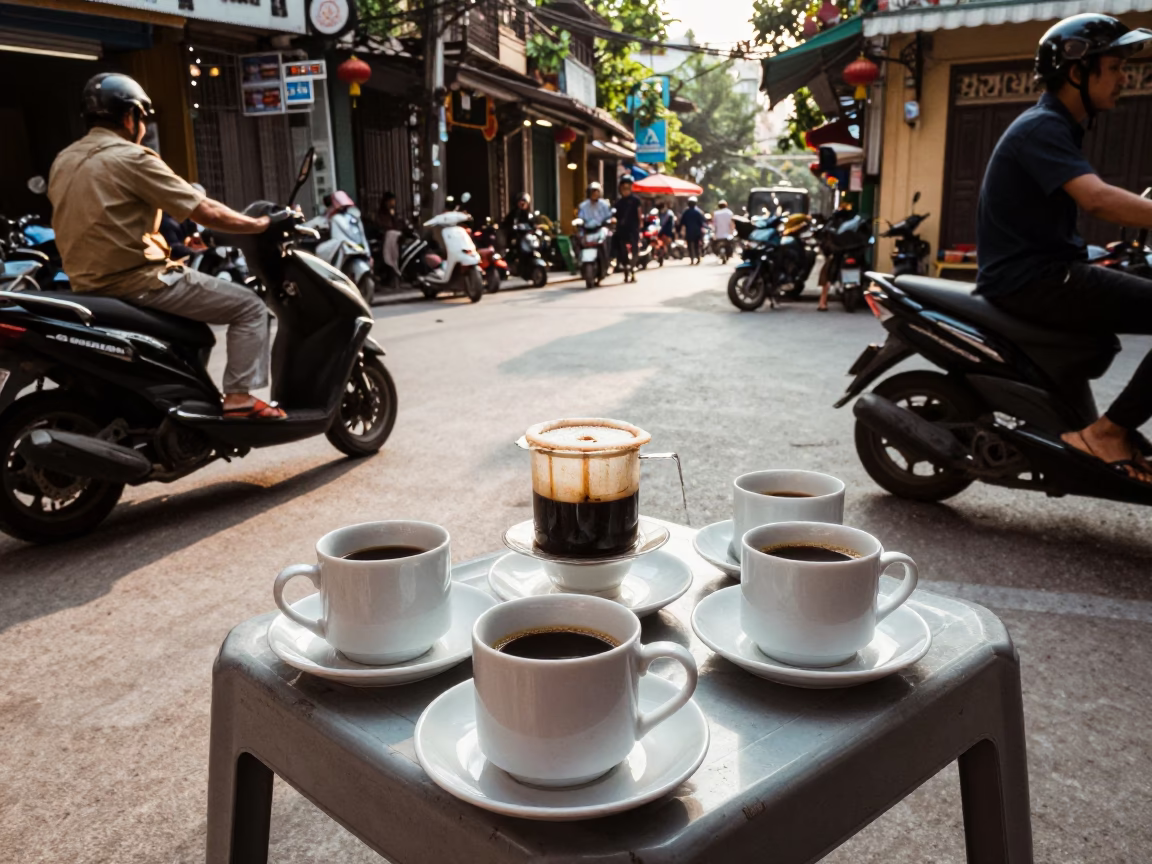 Hanoi Vietnam Late Morning Street Scene with Coffee Mugs and Urban Life in in Hanoi, Vietnam