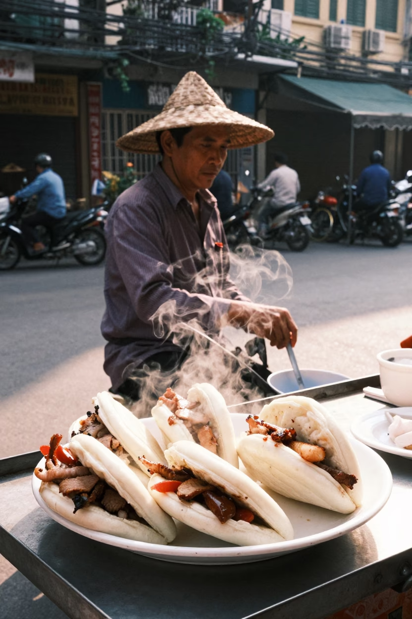Hanoi Vietnam Late Morning Street Scene with Gua Bao Plate and Watering Bottle in in Hanoi, Vietnam