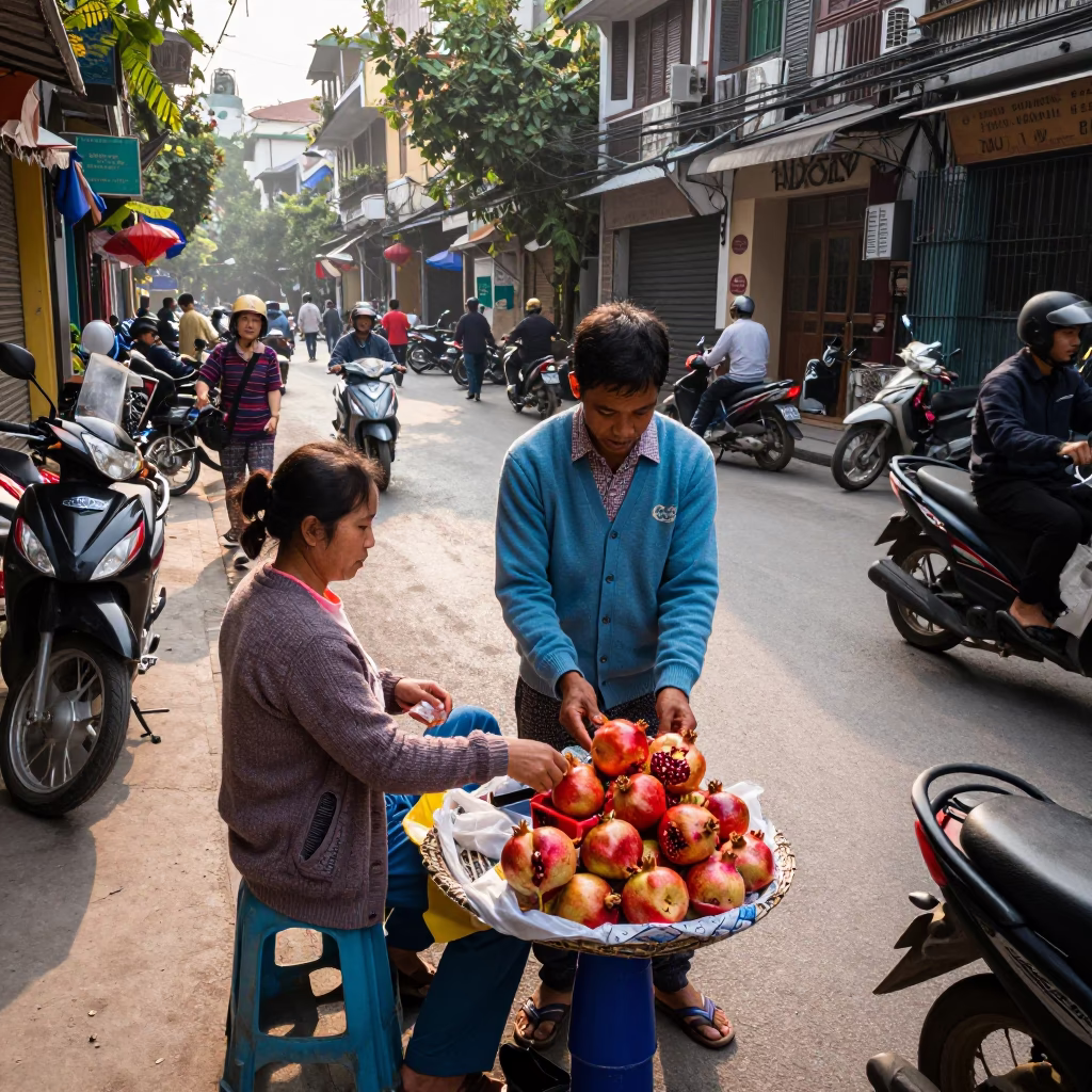 Hanoi Vietnam Late Morning Street Scene with Pomegranate and Cardigans in in Hanoi, Vietnam